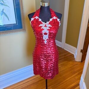 Red Sequin Halter Dress